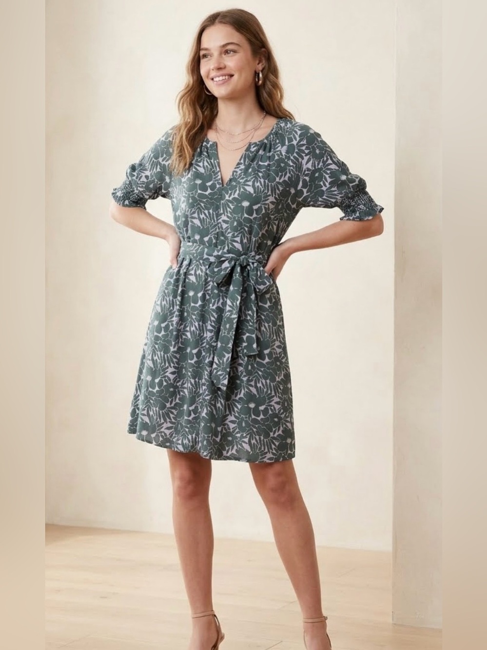 GAP Dark Green & Lilac Floral Tie Waist Dress